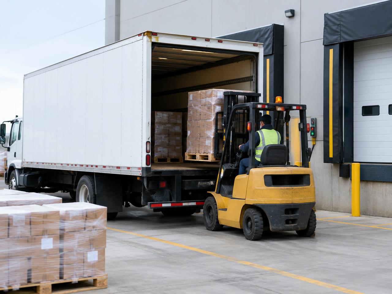 Box truck being loaded with pallets at a distribution center dock
